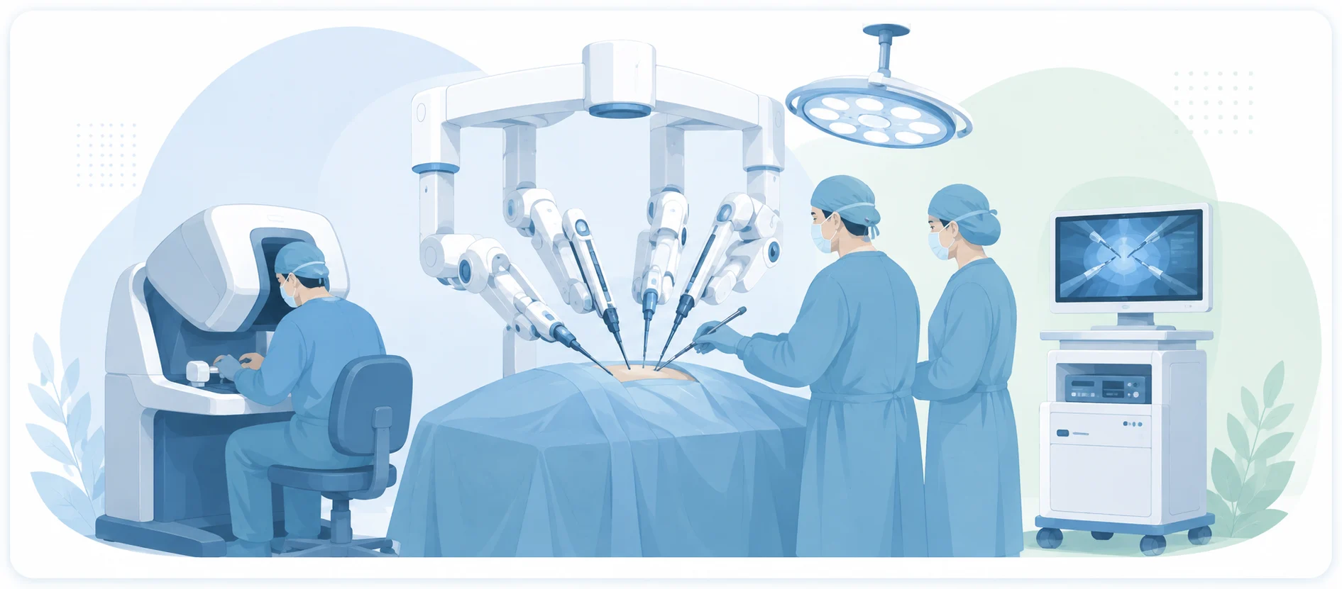 "Illustration of robotic cancer surgery featured in Dr. Pushpinder Gulia's blog, showing a surgeon at the robotic console controlling multi-armed instruments while the surgical team assists."