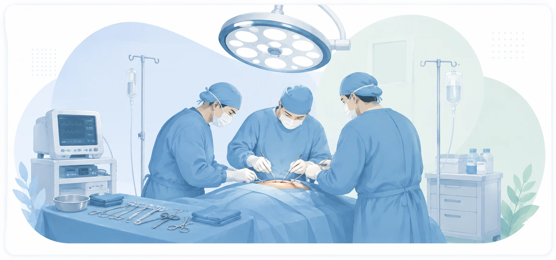 "Illustration of open cancer surgery from Dr. Pushpinder Gulia's blog, showing a surgical team in blue scrubs operating under theatre lights with monitoring equipment and instruments."